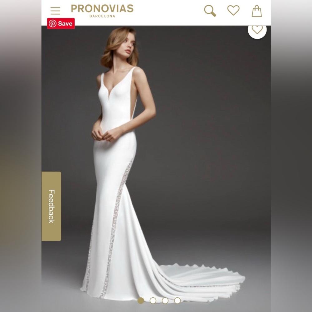 Pronovias White Plunge Neck Sheath Wedding Gown